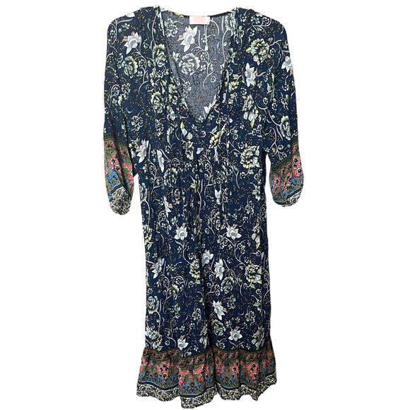 C + D + M ABOVE ANKLE V-NECK TUNIC DRESS, WOMENS, XL-NAVY WITH MULTICOLOR FLORAL - Picture 1 of 10